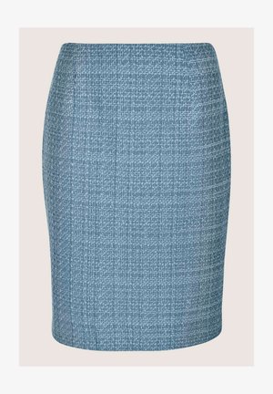 Light blue tweed pencil skirt with subtle plaid pattern and textured fabric, knee-length, fitted style.