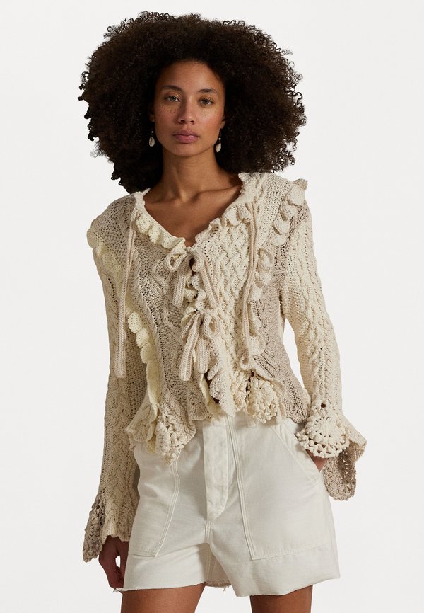 MIXED STITCH TIE FRONT CARDIGAN - Cardigan - cream multi