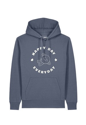 Blauer Hoodie mit Fronttasche, Kordelzug und weißem Grafikdruck eines entspannt lächelnden Gesichts mit dem Text "Happy Day Everyday" darum.