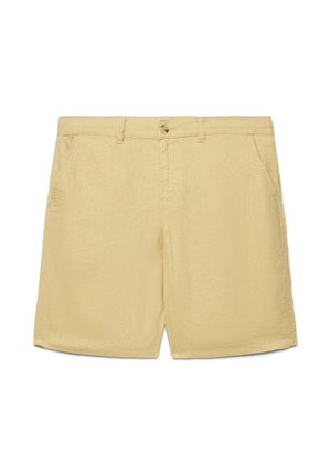 Pantaloncini beige casual con chiusura frontale a bottoni, passanti per cintura e tasche laterali, mostrati su uno sfondo bianco.