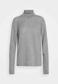 Grauer Rollkragenpullover mit langen Ärmeln, aus weichem Material. Mit einem gerippten Kragen und einer lässigen Passform ohne sichtbare Muster.