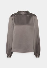 Graue Satinbluse mit einem hohen Kragen, langen Puffärmeln und glatter Oberfläche. Verfügt über einen subtilen Glanz und eine taillierte Passform.