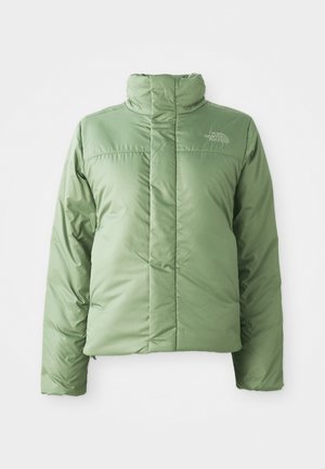 Light green puffer jacket with a high collar, zip closure, and sewn seams. Features logo on the chest and smooth, shiny fabric texture.