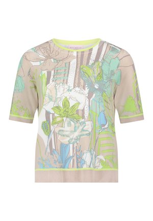 Beiger Kurzarmpullover mit grünen, blauen und weißen Blumen- und Streifenmustern und einem runden Ausschnitt.