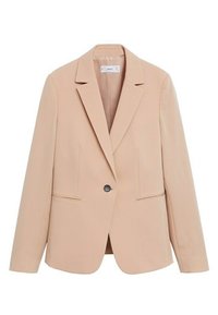 Beige sako s klopovým límcem, jednořadým zapínáním na knoflík a dvěma předními kapsami. Vyrobeno z hladké tkaniny, má přizpůsobený střih.