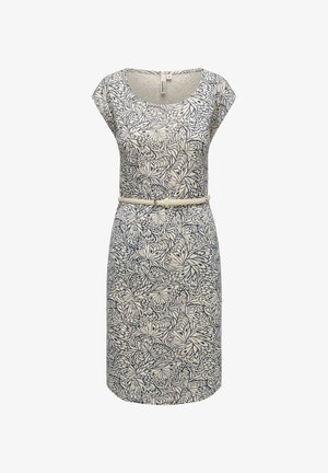 Robe à motifs floraux avec un col rond, des manches courtes et une taille ceinturée. Le tissu est léger avec un fond beige et des motifs bleu marine.