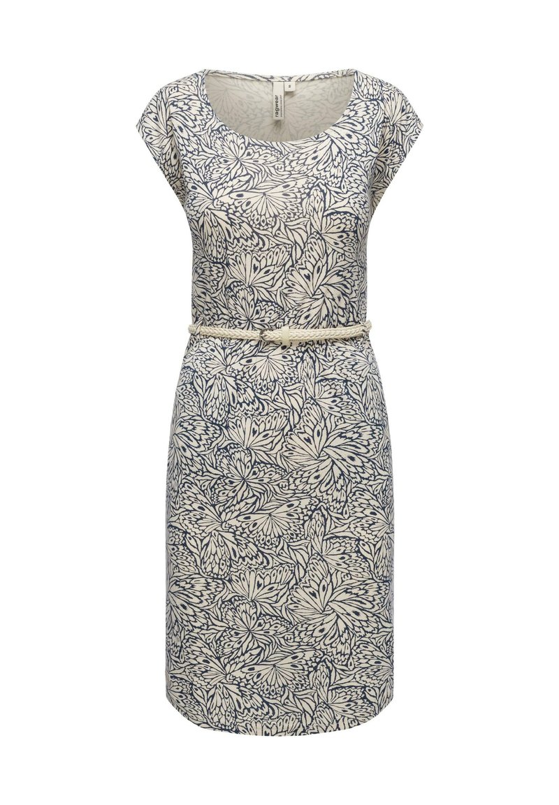 Abito a fiori con scollatura rotonda, maniche a cappuccio e vita con cintura. Il tessuto è leggero, con uno sfondo beige e disegni blu navy.