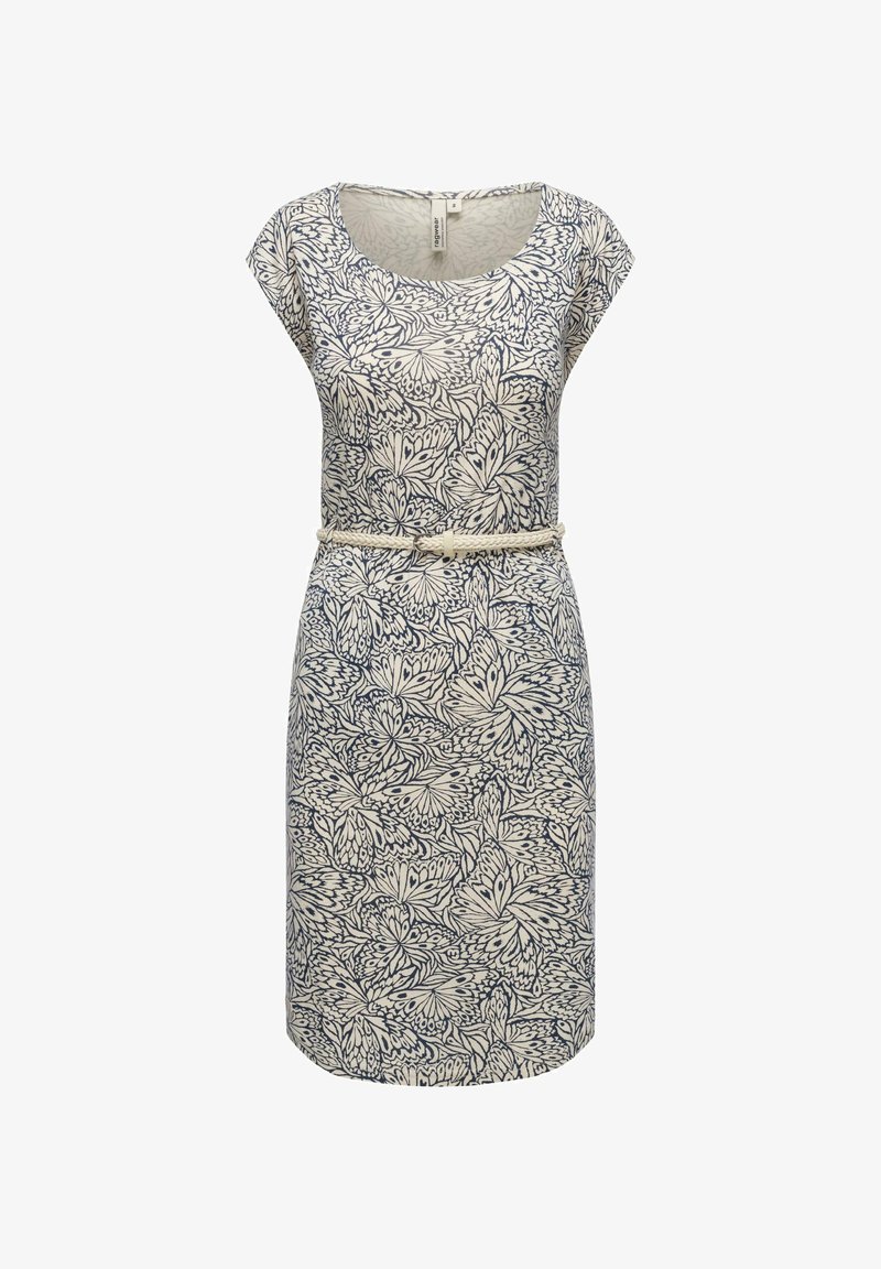 Blomstrete kjole med rund hals, korte ermer og belte i midjen. Stoffet er lett med en beige bakgrunn og marineblå design.