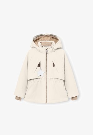 Light beige padded jacket with a hood, featuring a zip closure, side pockets, and a star accent. Soft interior and elastic waistband.