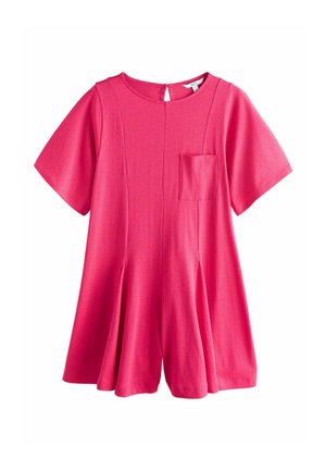 Pink short-sleeved dress with a round neckline, featuring a back button closure and a chest pocket. Flared design for a loose fit.