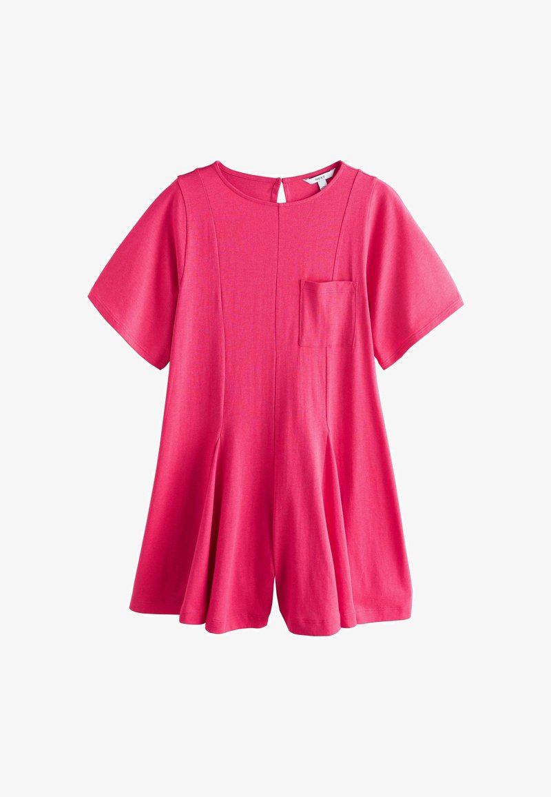 Rózsaszín rövid ujjú ruha kerek nyakkivágással, hátul gombos záródással és mellkaszsebbel. Bővülő szabású, laza illeszkedéssel.