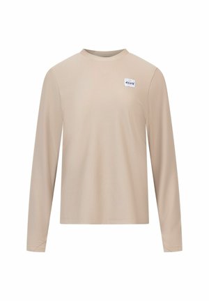 Long-sleeve beige shirt made from textured fabric. Features a round neckline and a small white label with "einy" on the chest.