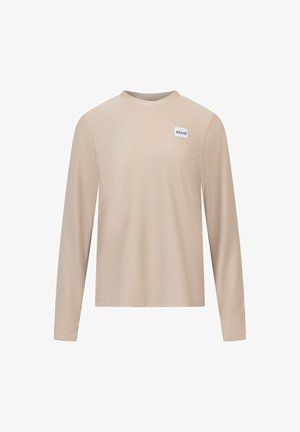 Long-sleeve beige shirt made from textured fabric. Features a round neckline and a small white label with "einy" on the chest.