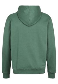 Vista posteriore di una felpa verde semplice con cappuccio, maniche lunghe e polsini e fondo a coste, su sfondo bianco.