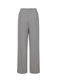 Weite hosen mit einem gestreiften Muster, das horizontale Streifen in Marineblau und Creme umfasst, einen elastischen Bund und einen strukturierten Stoff aufweist.