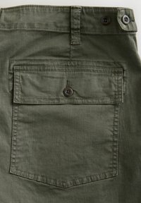 Close-up of olive green fabric featuring a buttoned flap pocket and double button waistband detail on pants.