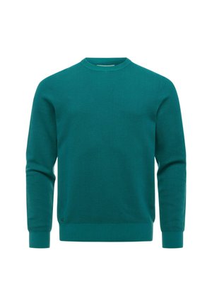 Teal langærmet crewneck-trøje med ribbet manchetter og kant, lavet af tekstureret strikket stof.