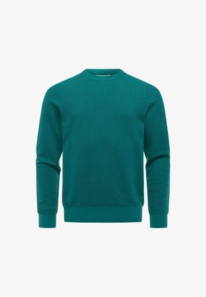 Pull à manches longues couleur sarcelle avec col rond, poignets et ourlet côtelés, fabriqué en tissu tricoté texturé.