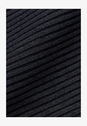 Close-up of black ribbed knit fabric showing detailed texture and vertical raised lines.