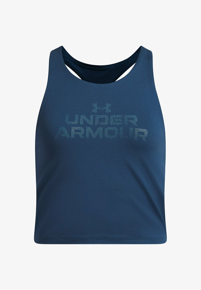 Haut de sport court bleu marine en tissu lisse, avec encolure dégagée et dos nageur ; logo "UNDER ARMOUR" en accents bleu clair.