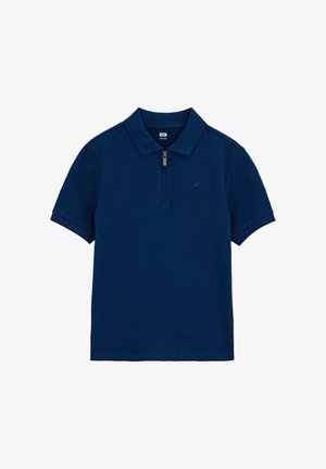 Polo a maniche corte blu navy con mezza cerniera frontale e un discreto logo ricamato sul petto.