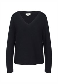 Schwarzer V-Ausschnitt-Pullover mit langen Ärmeln, gestrickter Textur und geripptem Saum. Einfaches Design, keine zusätzlichen Muster oder Hardware-Details.