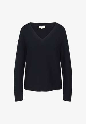Črna pulover z V-izrezom in dolgimi rokavi, pletena tekstura in rebrast rob. Preprost dizajn, brez dodatnih vzorcev ali kovinskih detajlov.