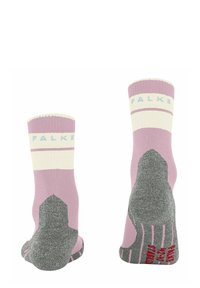 Polstercrew-Socken in Pink und Grau. Mit gestreiften Mustern, gerippten Bündchen und verstärkten grauen strukturierten Sohlen mit roten Akzenten.