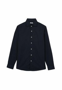Marineblauw overhemd met knopen, met een klassieke kraag, lange mouwen en witte knopen; gemaakt van een gladde stof met een uniforme textuur.