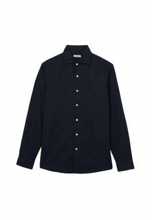 Marineblauw overhemd met knopen, met een klassieke kraag, lange mouwen en witte knopen; gemaakt van een gladde stof met een uniforme textuur.