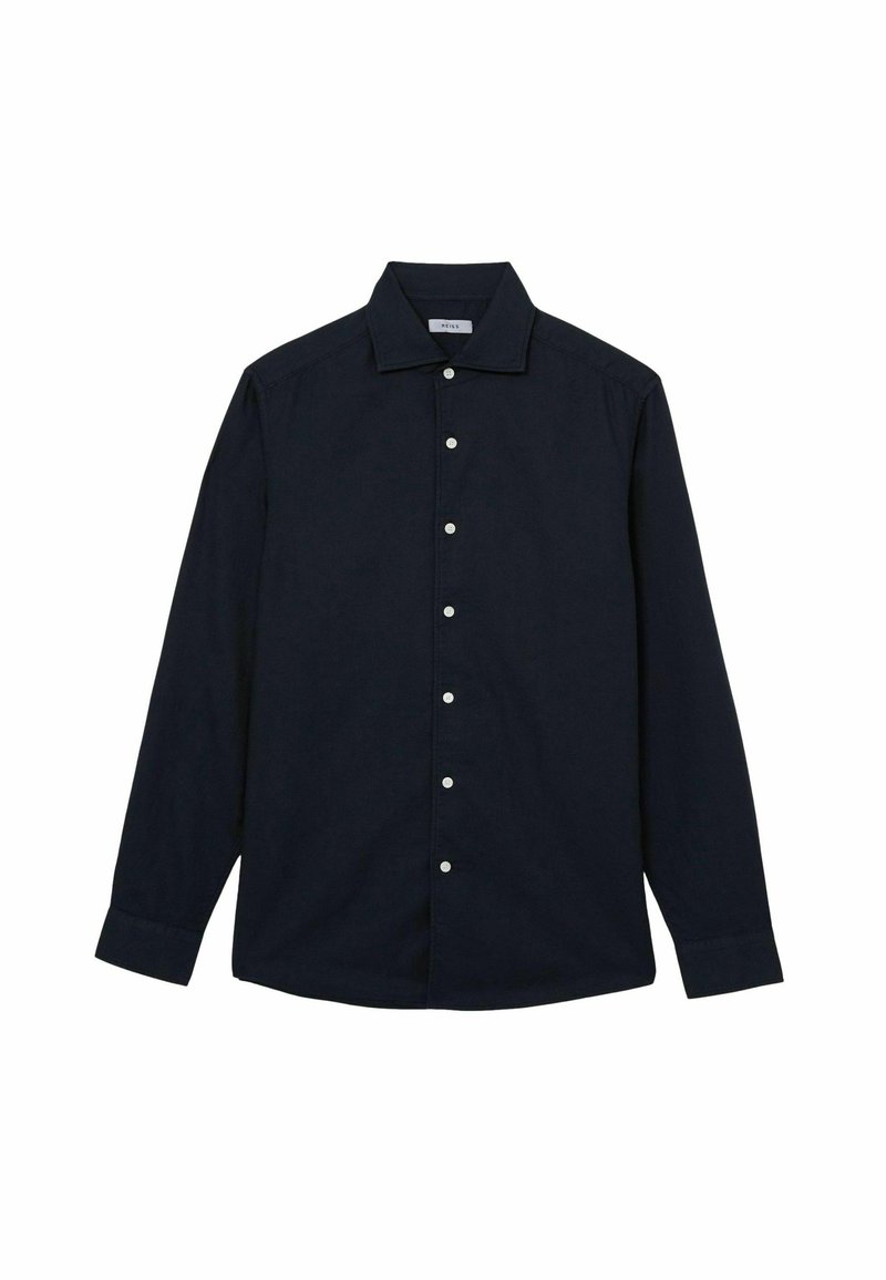 Marineblauw overhemd met knopen, met een klassieke kraag, lange mouwen en witte knopen; gemaakt van een gladde stof met een uniforme textuur.