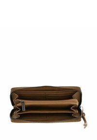 Braune Lederbrieftasche mit Reißverschluss, ausgestattet mit mehreren Kartenfächern, einem zentralen Reißverschlussfach und einem glatten, strukturierten Innenraum.