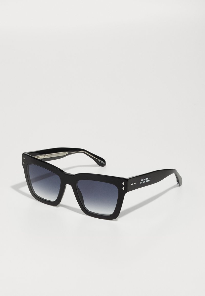 Black rectangular sunglasses with gradient lenses, featuring a thick plastic frame and small accent details on the front and temples.