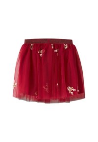 Gonna in tulle rossa con un elastico scintillante in vita, caratterizzata da motivi ricamati di renne, design a strati e un aspetto fine e texturizzato.