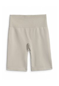 Shorts en maille beige taille haute avec une ceinture côtelée, texture lisse et longueur mi-cuisse, posés à plat sur fond blanc.