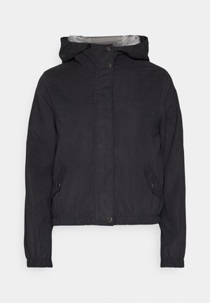 Black hooded jacket with elastic cuffs and waistband. Features a zip front, snap button closure, and striped interior lining.