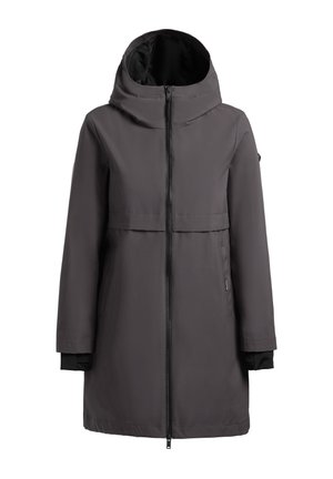 Dunkelgrauer, wasserdichter Kapuzenmantel mit Frontreißverschluss, langen Ärmeln und einer Länge bis zur Mitte der Oberschenkel, entworfen für Schutz bei kaltem Wetter.