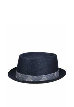 Dark blue pork pie hat with a flat top and short brim, featuring a patterned light gray hatband with geometric designs.