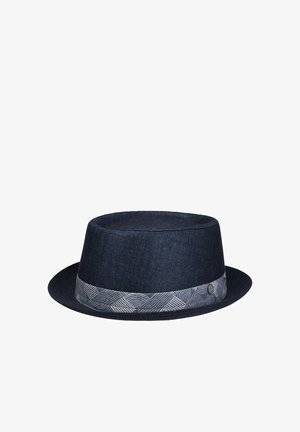 Dark blue pork pie hat with a flat top and short brim, featuring a patterned light gray hatband with geometric designs.