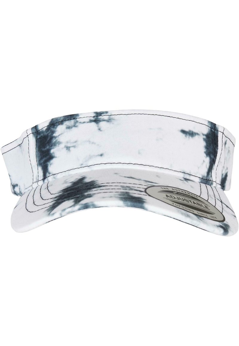 Reguleeritav tie-dye visorkate valges ja mustas värvitoonis, millel on lai ääreosa, pehme kangas ja ees olev silt, mis näitab reguleeritavust.