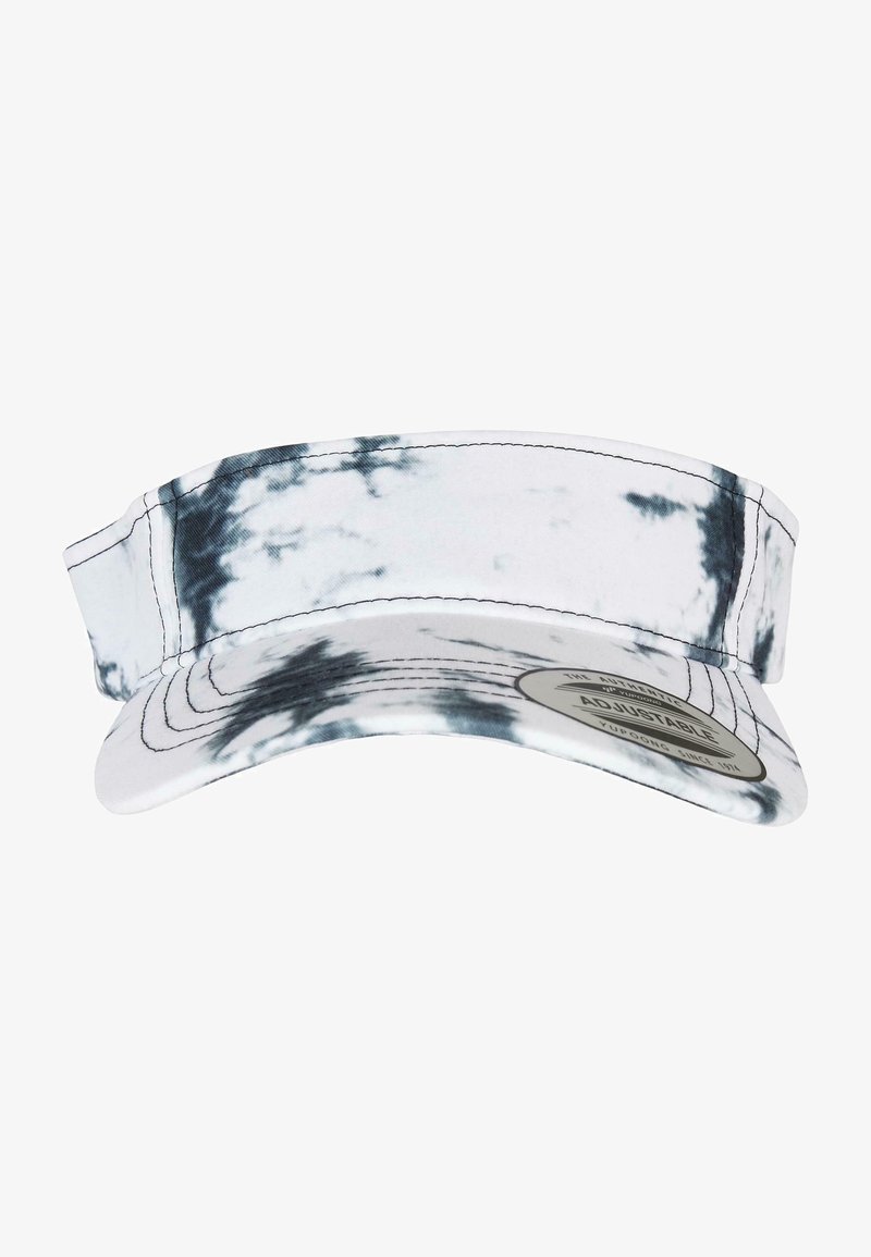 Reguleeritav tie-dye visorkate valges ja mustas värvitoonis, millel on lai ääreosa, pehme kangas ja ees olev silt, mis näitab reguleeritavust.
