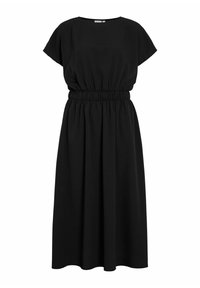 Black dress with a round neckline, short sleeves, and an elastic waistband. Flowing silhouette with a smooth, matte finish.