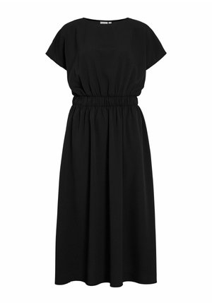 Robe noire avec un col rond, des manches courtes et une taille élastique. Silhouette fluide avec une finition mate et lisse.
