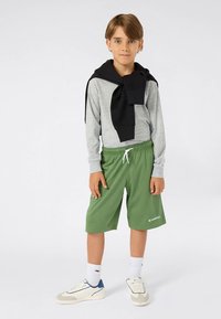 Jaunietis, kurš valkā pelēku garroku kreklu, melnu kapuci ar kapuci, kas sasieta apkārt kaklam, un zaļas šortus ar baltu auklu. Sporta apaviem ir zili akcenti.