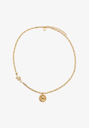 Goldene Halskette mit einem schlangenförmigen Glied auf einer Seite und einem runden Sonnenstrahl-Anhänger mit einem kleinen Edelstein in der Mitte.