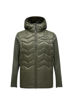 Olijfgroene hooded jacket met een doorgestikt chevronpatroon aan de voorkant, contrasterende effen mouwen en een volledige rits.