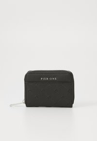Black zippered wallet made of textured synthetic material featuring a quilted pattern and a white "PIER ONE" logo on the front.