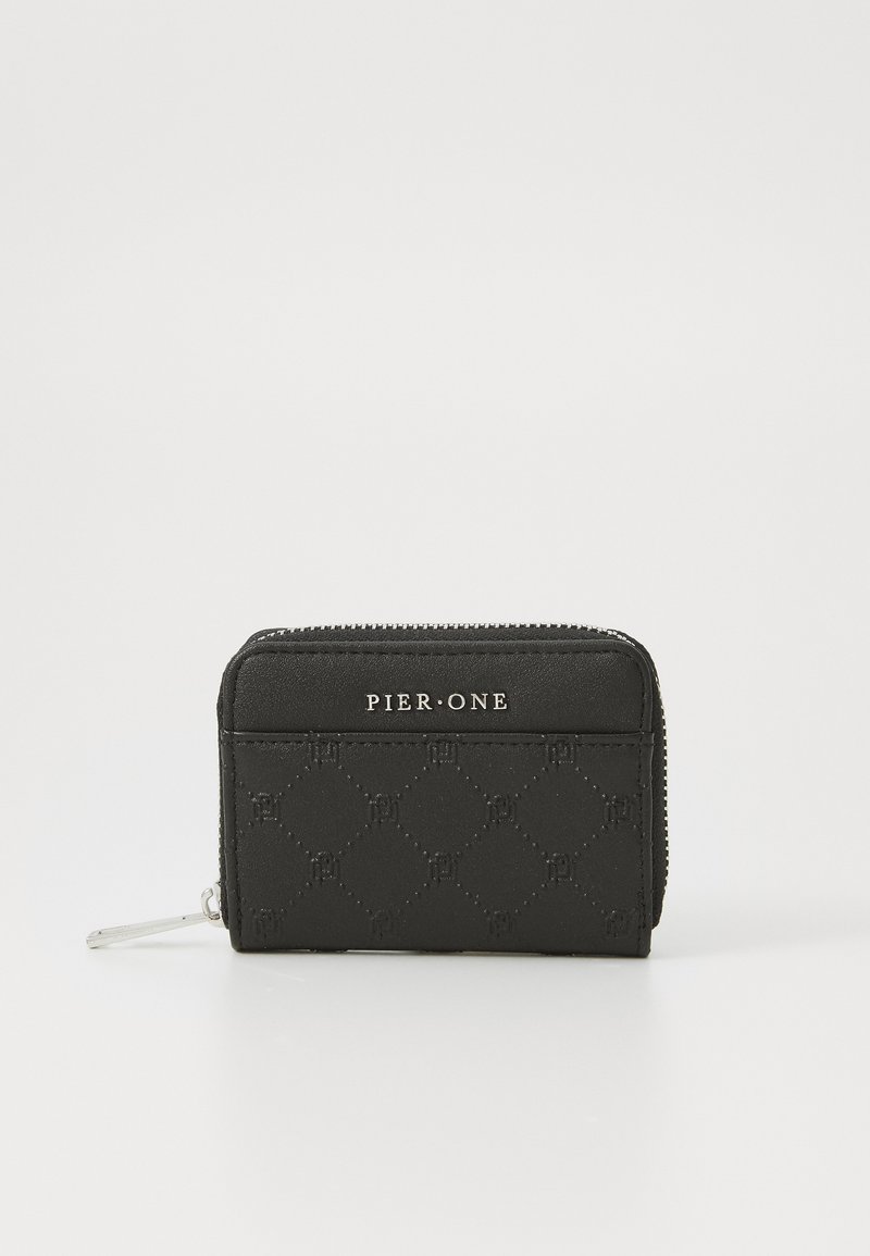 Black zippered wallet made of textured synthetic material featuring a quilted pattern and a white "PIER ONE" logo on the front.