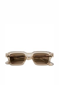 Ochelari de soare transparenți bej cu lentile maro, formă rectangulară, cadru din plastic transparent și accente metalice subtile pe laterale.