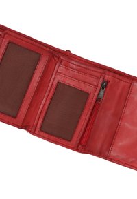 Red leather wallet with a smooth texture, featuring brown mesh card slots, a zipped pocket, and detailed stitching along the edges.